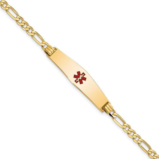 14K Yellow Gold Medical Solid Chain/Solid Plate Soft Diamond Shape 33X8mm Centered Red Enamel Flat Figaro Link 7 Inch Id Bracelet