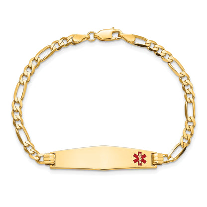 14K Yellow Gold Medical Solid Chain/Solid Plate Soft Diamond Shape 33X8mm Off Center Red Enamel Flat Figaro Link 7 Inch Id Bracelet