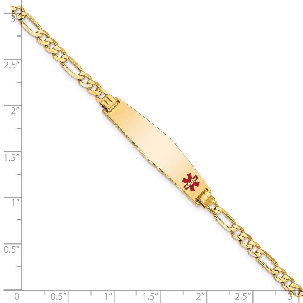 14K Yellow Gold Medical Solid Chain/Solid Plate Soft Diamond Shape 33X8mm Off Center Red Enamel Flat Figaro Link 8 Inch Id Bracelet