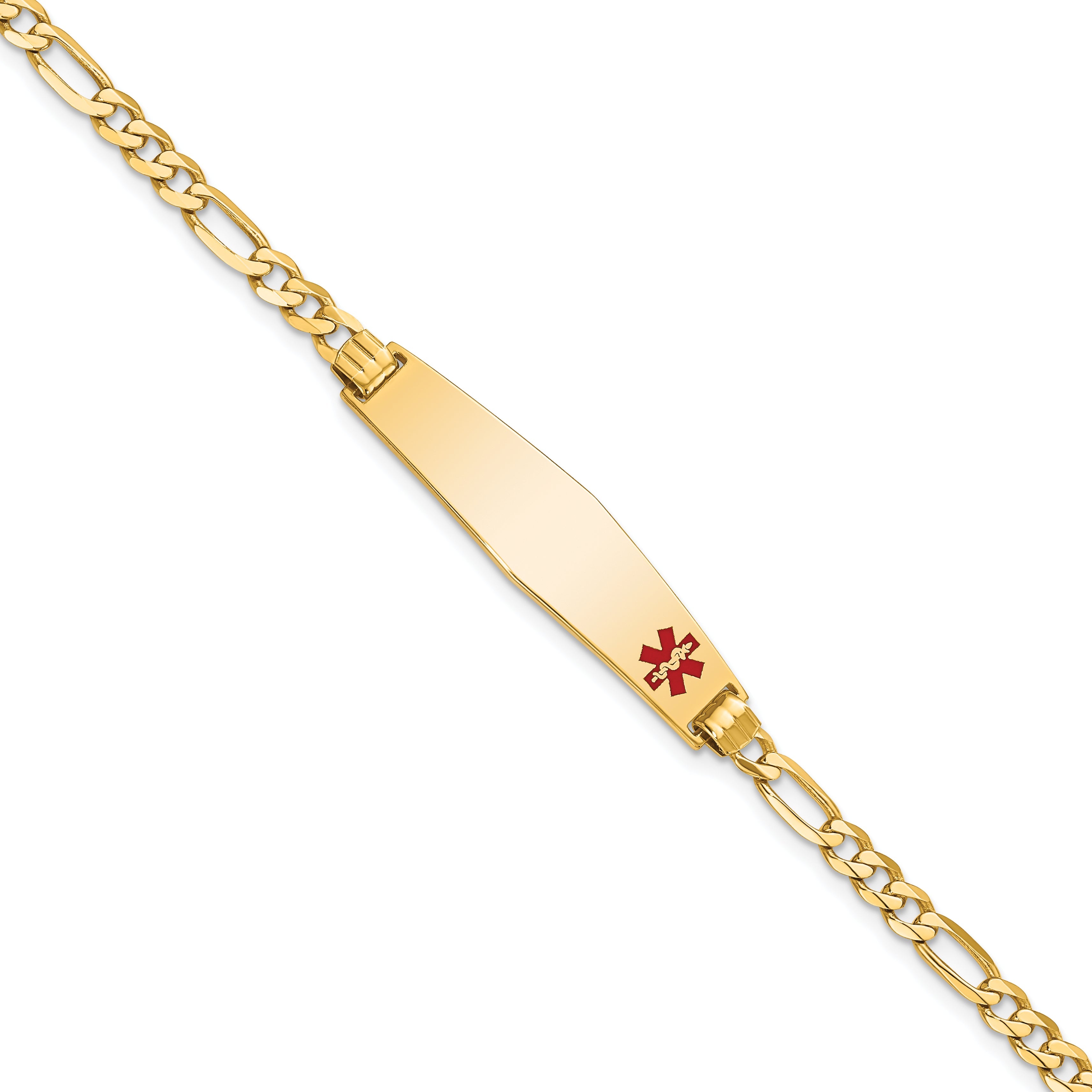 14K Yellow Gold Medical Solid Chain/Solid Plate Soft Diamond Shape 33X8mm Off Center Red Enamel Flat Figaro Link 7 Inch Id Bracelet