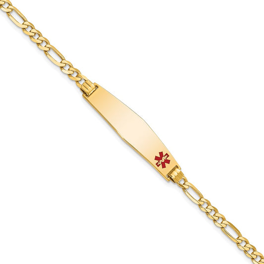 14K Yellow Gold Medical Solid Chain/Solid Plate Soft Diamond Shape 33X8mm Off Center Red Enamel Flat Figaro Link 8 Inch Id Bracelet