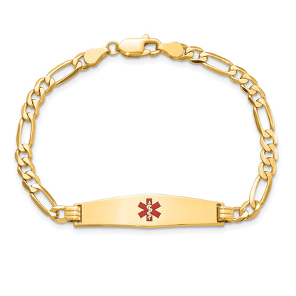 14K Yellow Gold Medical Solid Chain/Solid Plate Soft Diamond Shape 33X8mm Centered Red Enamel Flat Figaro Link 8 Inch Id Bracelet