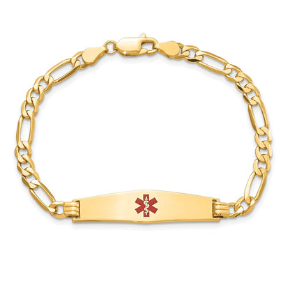 14K Yellow Gold Medical Solid Chain/Solid Plate Soft Diamond Shape 33X8mm Centered Red Enamel Flat Figaro Link 7 Inch Id Bracelet