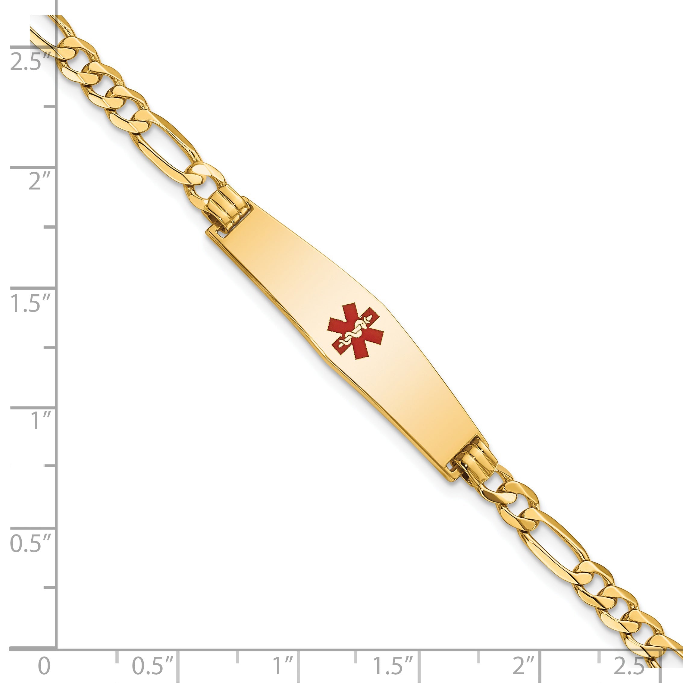 14K Yellow Gold Medical Solid Chain/Solid Plate Soft Diamond Shape 33X8mm Centered Red Enamel Flat Figaro Link 8 Inch Id Bracelet