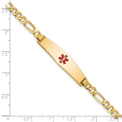 14K Yellow Gold Medical Solid Chain/Solid Plate Soft Diamond Shape 33X8mm Centered Red Enamel Flat Figaro Link 8 Inch Id Bracelet