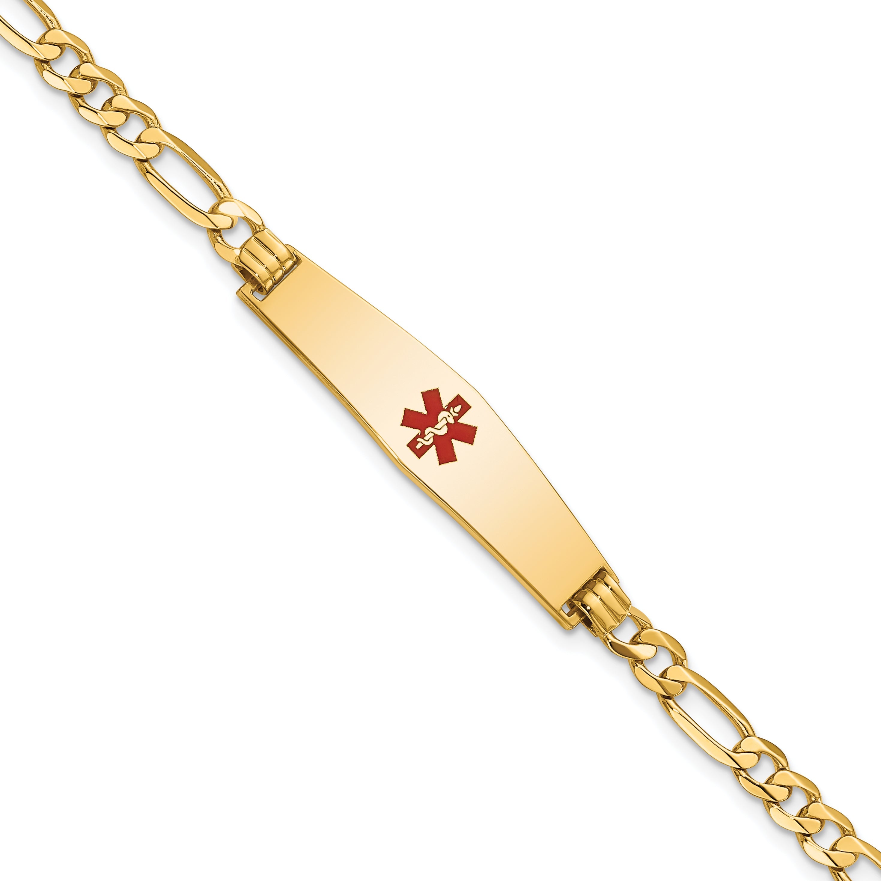 14K Yellow Gold Medical Solid Chain/Solid Plate Soft Diamond Shape 33X8mm Centered Red Enamel Flat Figaro Link 8 Inch Id Bracelet