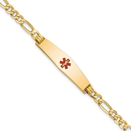 14K Yellow Gold Medical Solid Chain/Solid Plate Soft Diamond Shape 33X8mm Centered Red Enamel Flat Figaro Link 7 Inch Id Bracelet