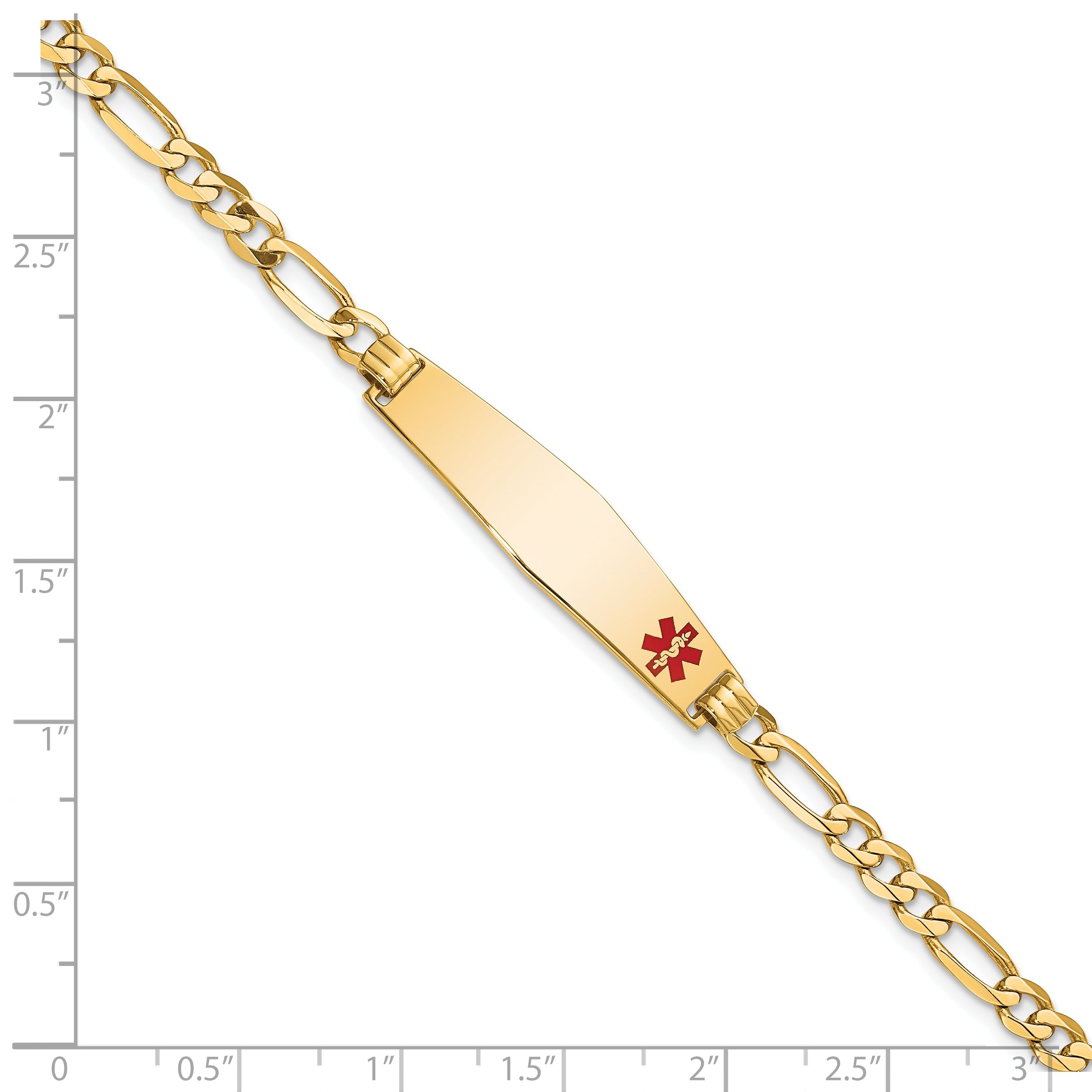 14K Yellow Gold Medical Solid Chain/Solid Plate Soft Diamond Shape 33X8mm Off Center Red Enamel Flat Figaro Link 8 Inch Id Bracelet