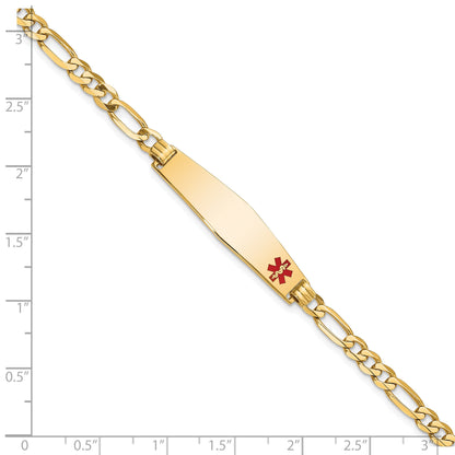 14K Yellow Gold Medical Solid Chain/Solid Plate Soft Diamond Shape 33X8mm Off Center Red Enamel Flat Figaro Link 7 Inch Id Bracelet