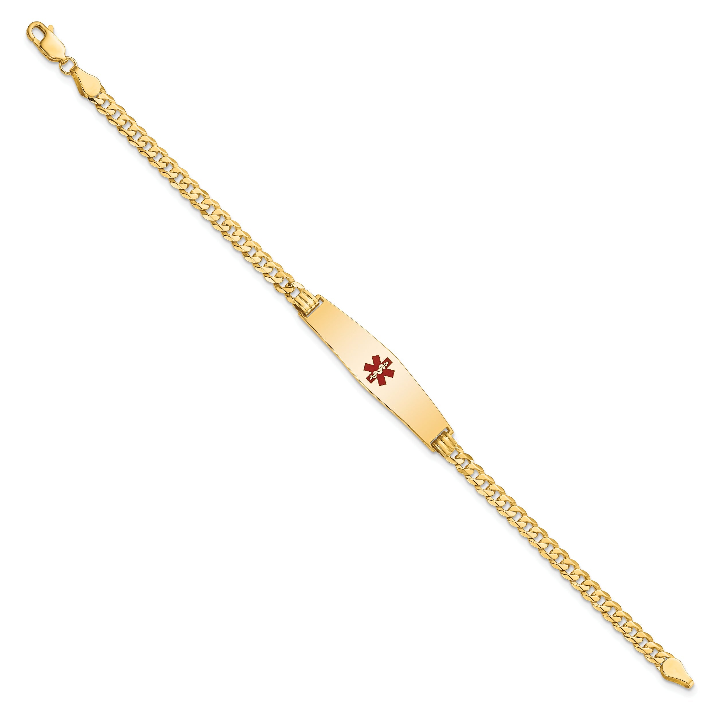 14K Yellow Gold Medical Solid Chain/Solid Plate Soft Diamond Shape 33X8mm Centered Red Enamel Flat Curb Link 8 Inch Id Bracelet