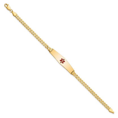 14K Yellow Gold Medical Solid Chain/Solid Plate Soft Diamond Shape 33X8mm Centered Red Enamel Flat Curb Link 7 Inch Id Bracelet