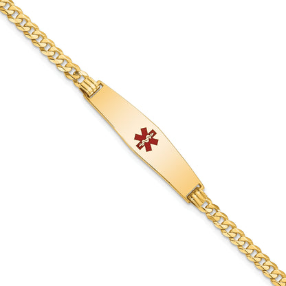14K Yellow Gold Medical Solid Chain/Solid Plate Soft Diamond Shape 33X8mm Centered Red Enamel Flat Curb Link 8 Inch Id Bracelet