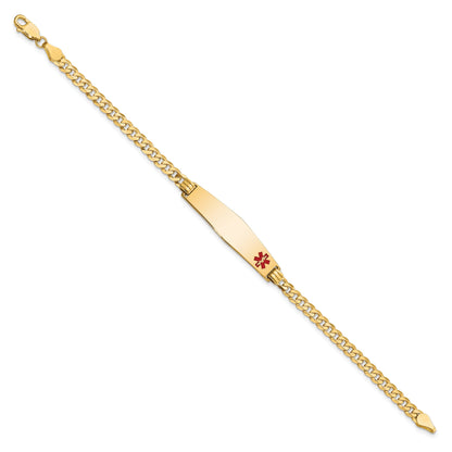 14K Yellow Gold Medical Solid Chain/Solid Plate Soft Diamond Shape 33X8mm Off Center Red Enamel Flat Curb Link 8 Inch Id Bracelet