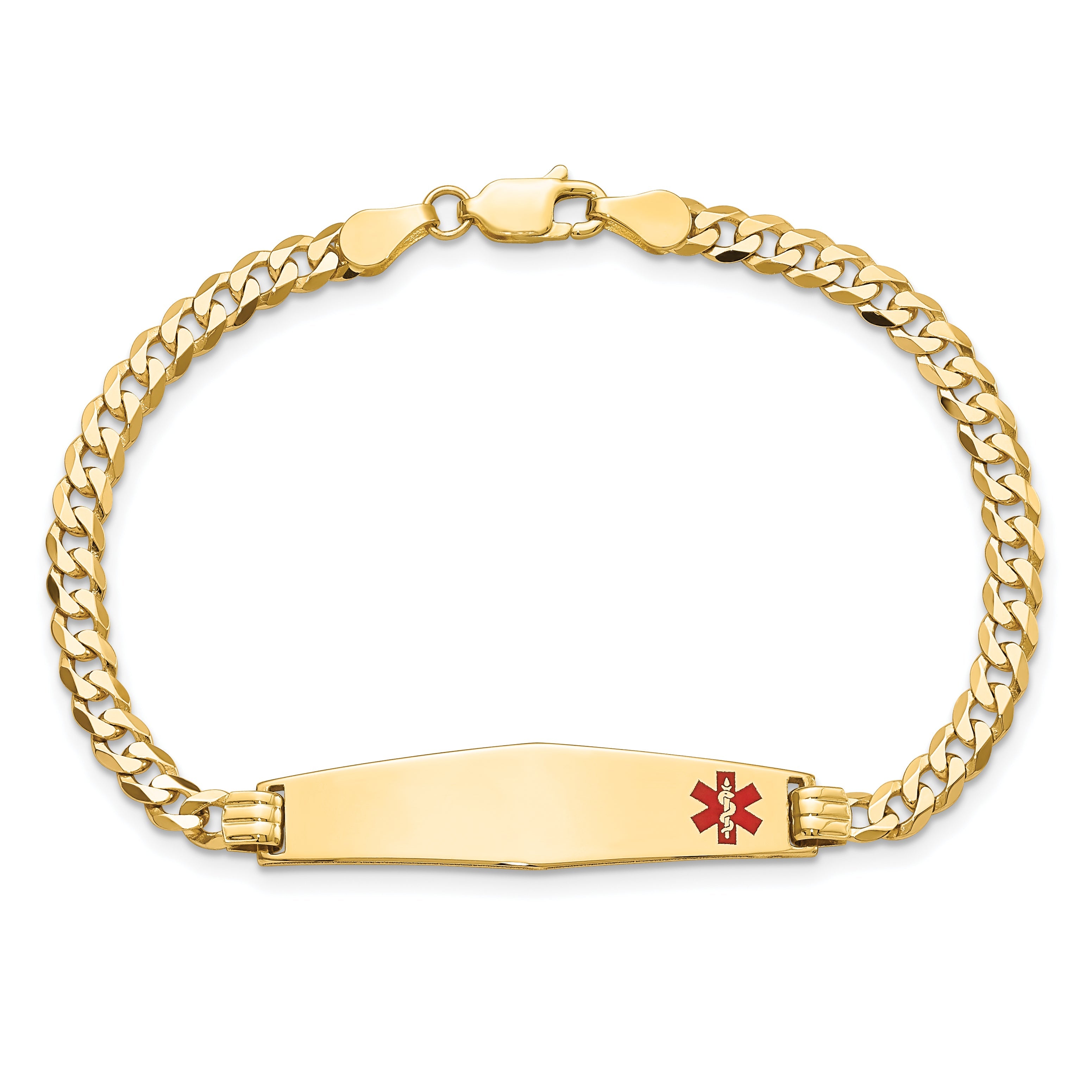 14K Yellow Gold Medical Solid Chain/Solid Plate Soft Diamond Shape 33X8mm Off Center Red Enamel Flat Curb Link 7 Inch Id Bracelet