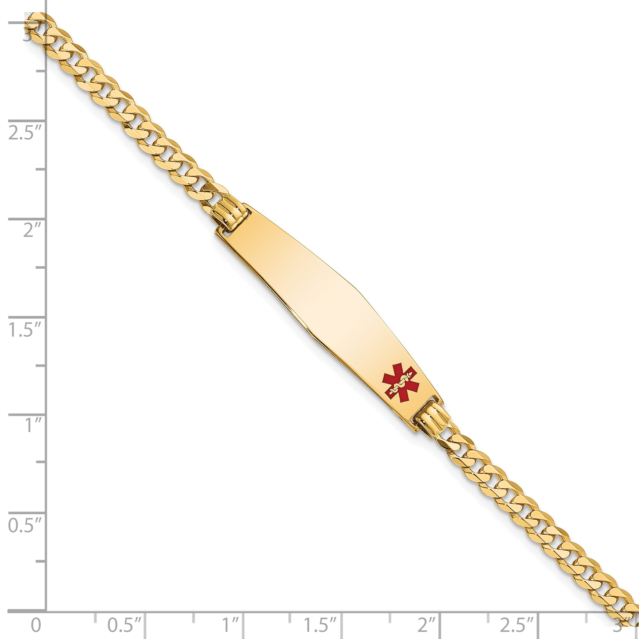14K Yellow Gold Medical Solid Chain/Solid Plate Soft Diamond Shape 33X8mm Off Center Red Enamel Flat Curb Link 7 Inch Id Bracelet
