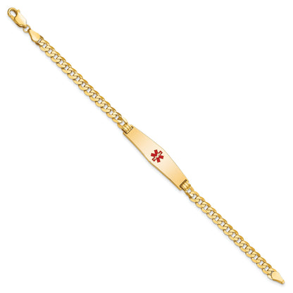 14K Yellow Gold Medical Solid Chain/Solid Plate Soft Diamond Shape 33X8mm Centered Red Enamel Flat Curb Link 7 Inch Id Bracelet
