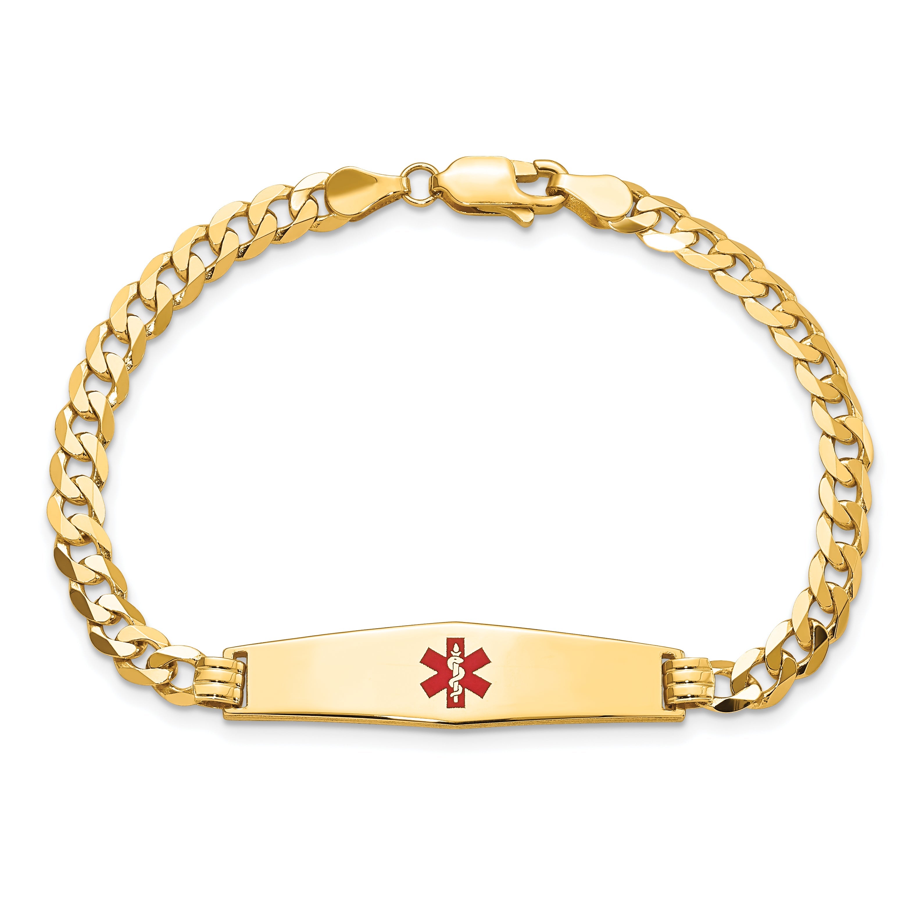 14K Yellow Gold Medical Solid Chain/Solid Plate Soft Diamond Shape 33X8mm Centered Red Enamel Flat Curb Link 8 Inch Id Bracelet