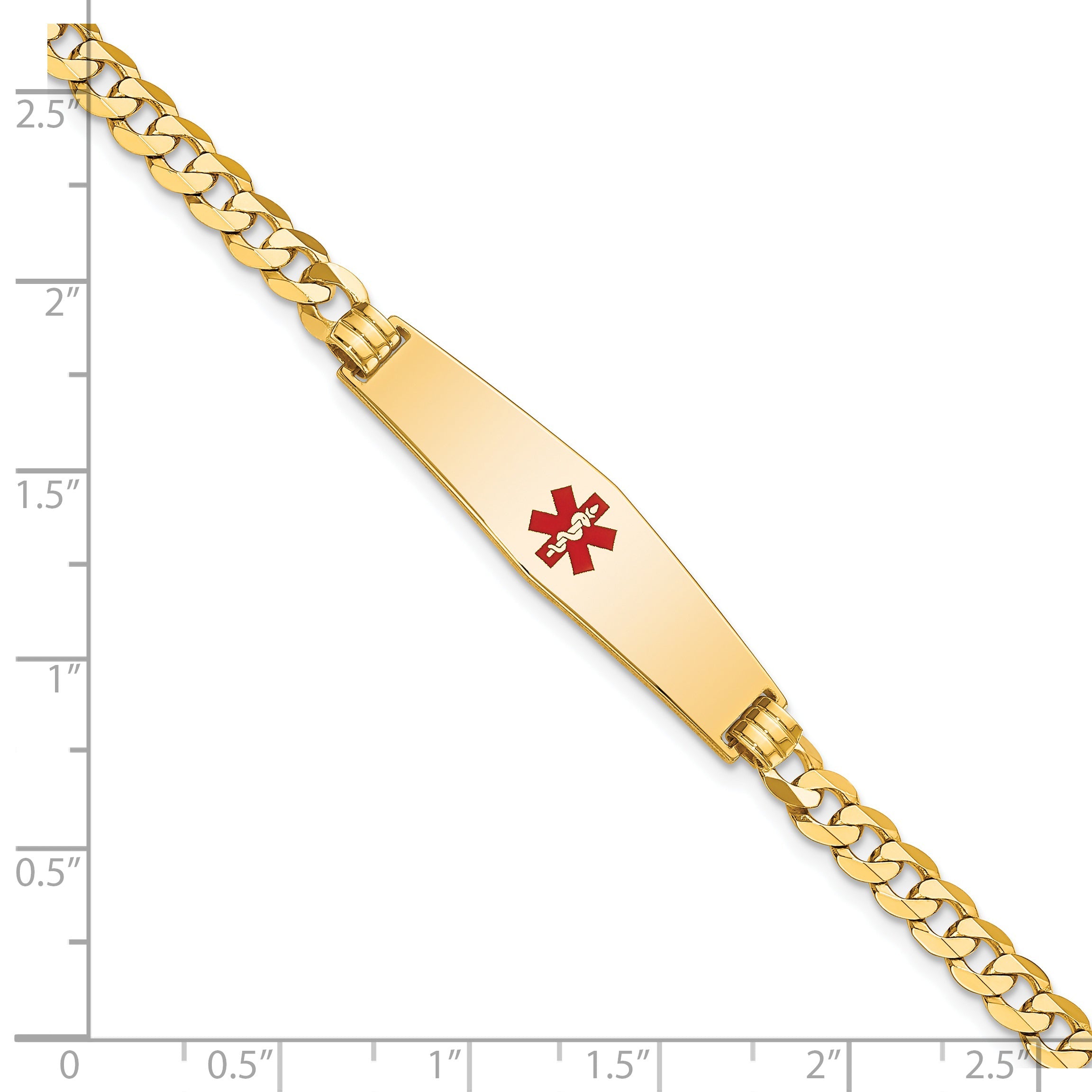14K Yellow Gold Medical Solid Chain/Solid Plate Soft Diamond Shape 33X8mm Centered Red Enamel Flat Curb Link 8 Inch Id Bracelet