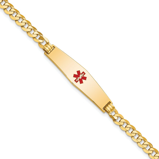 14K Yellow Gold Medical Solid Chain/Solid Plate Soft Diamond Shape 33X8mm Centered Red Enamel Flat Curb Link 8 Inch Id Bracelet
