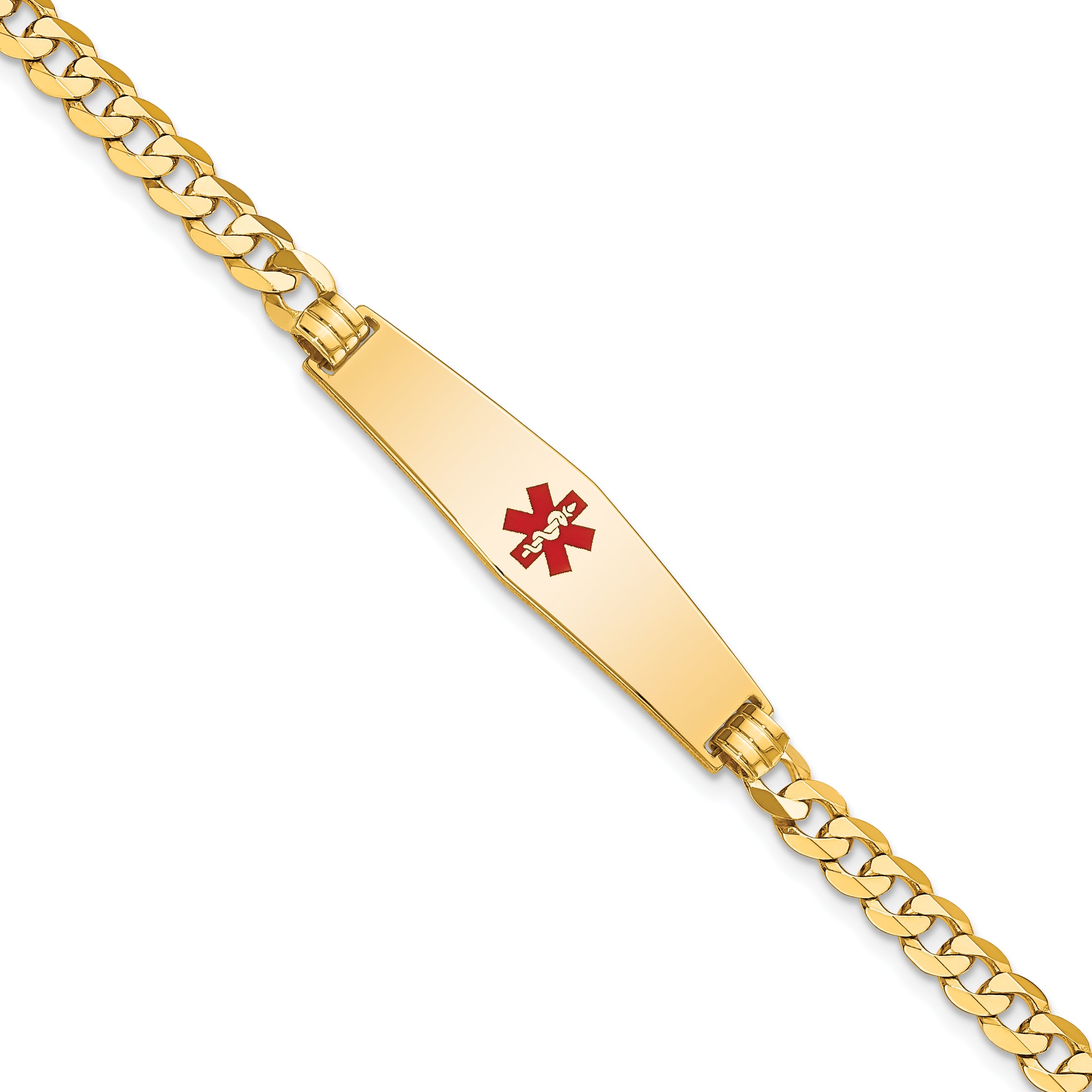 14K Yellow Gold Medical Solid Chain/Solid Plate Soft Diamond Shape 33X8mm Centered Red Enamel Flat Curb Link 7 Inch Id Bracelet