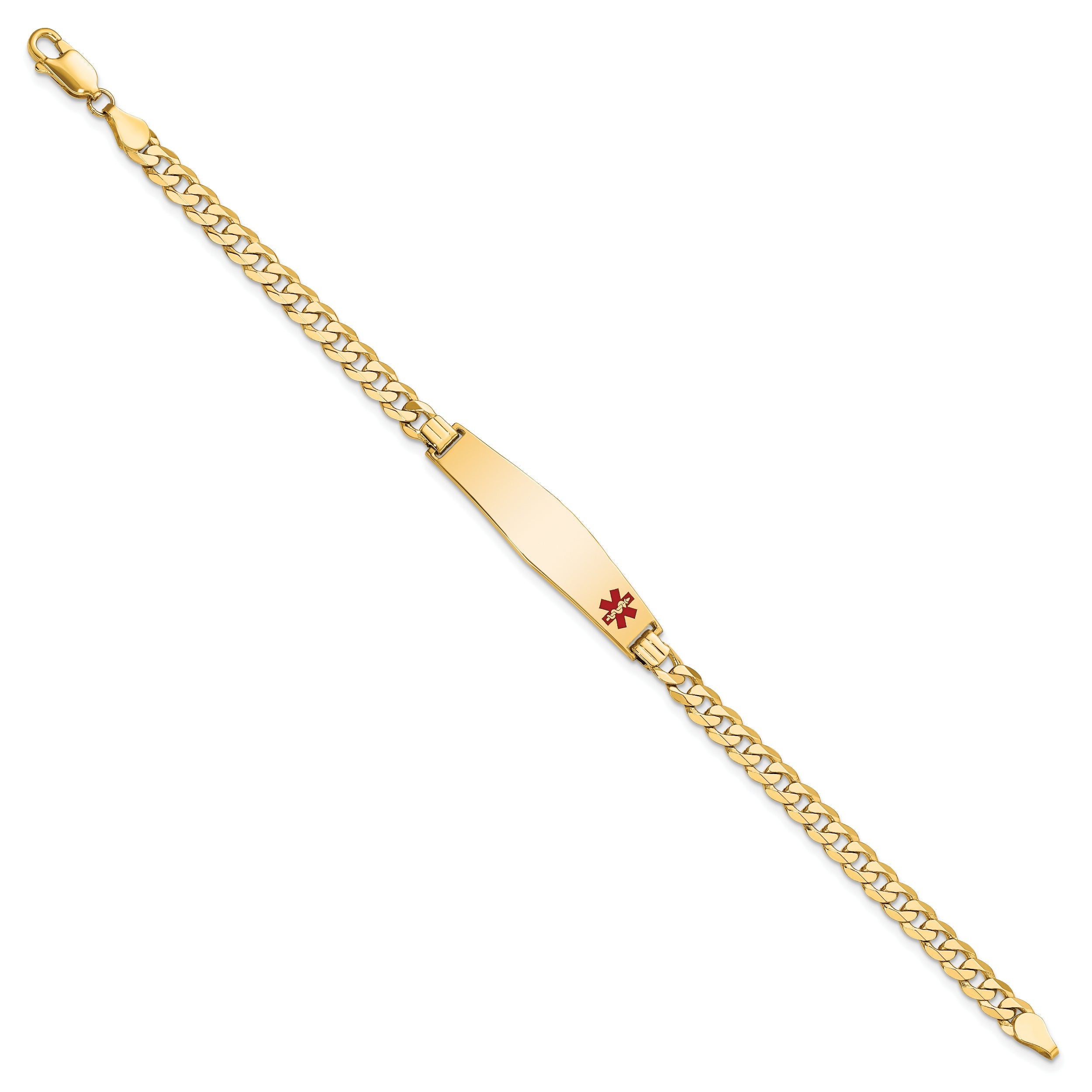 14K Yellow Gold Medical Solid Chain/Solid Plate Soft Diamond Shape 33X8mm Off Center Red Enamel Flat Curb Link 8 Inch Id Bracelet