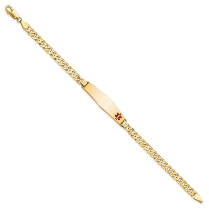14K Yellow Gold Medical Solid Chain/Solid Plate Soft Diamond Shape 33X8mm Off Center Red Enamel Flat Curb Link 8 Inch Id Bracelet