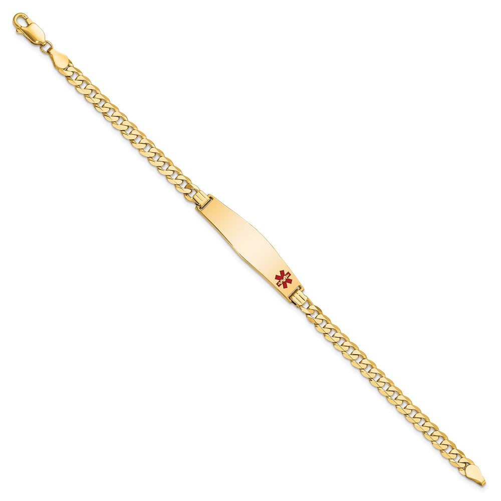 14K Yellow Gold Medical Solid Chain/Solid Plate Soft Diamond Shape 33X8mm Off Center Red Enamel Flat Curb Link 7 Inch Id Bracelet