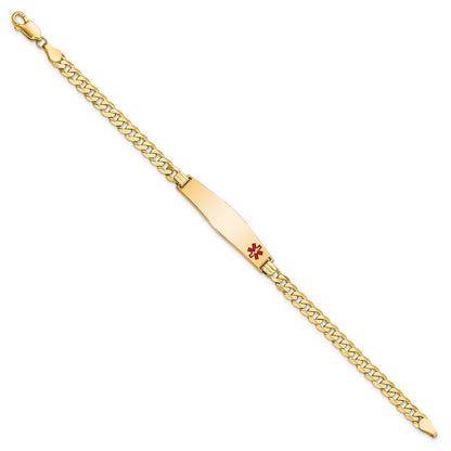 14K Yellow Gold Medical Solid Chain/Solid Plate Soft Diamond Shape 33X8mm Off Center Red Enamel Flat Curb Link 7 Inch Id Bracelet