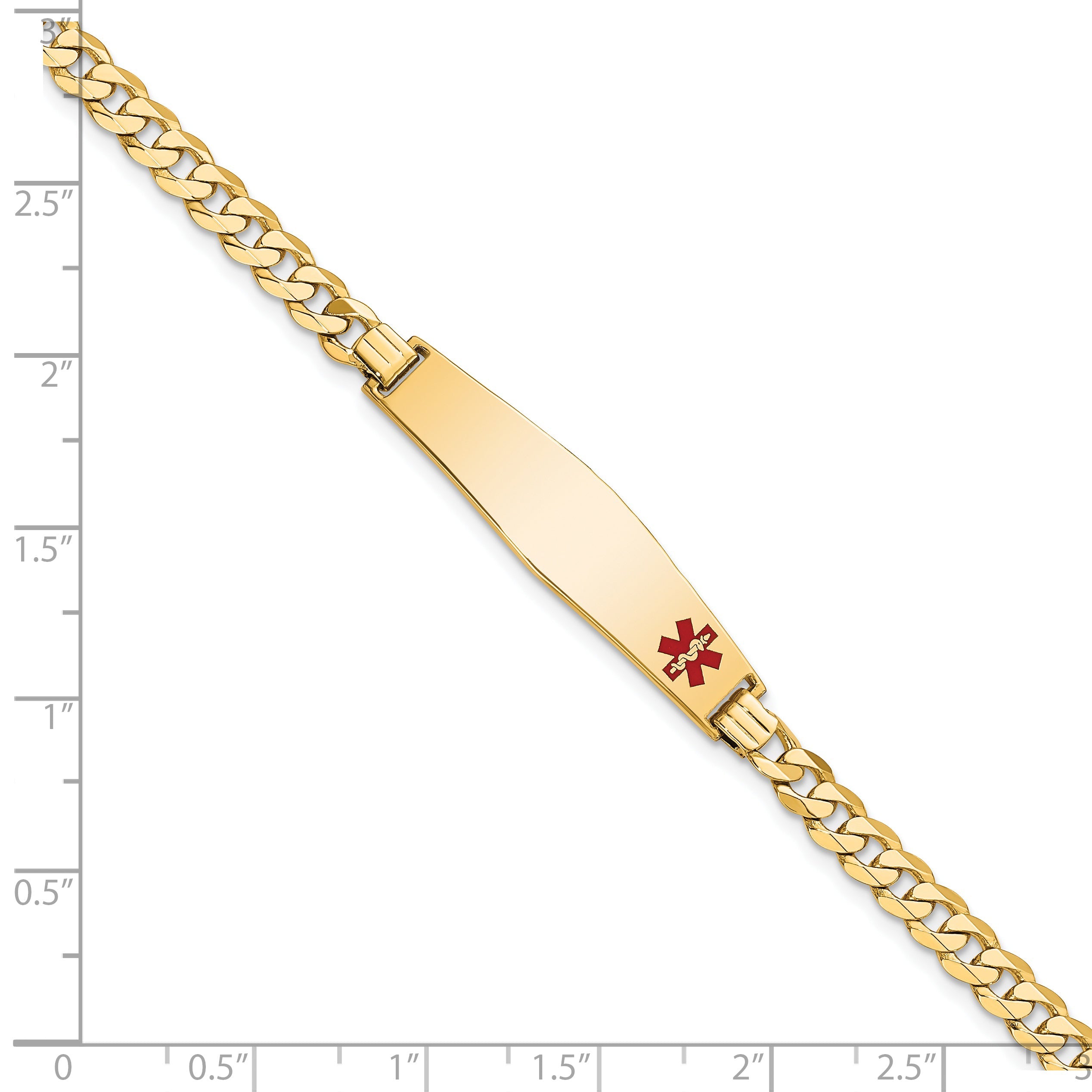 14K Yellow Gold Medical Solid Chain/Solid Plate Soft Diamond Shape 33X8mm Off Center Red Enamel Flat Curb Link 8 Inch Id Bracelet