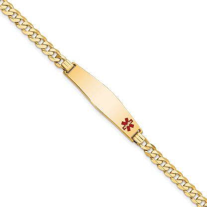 14K Yellow Gold Medical Solid Chain/Solid Plate Soft Diamond Shape 33X8mm Off Center Red Enamel Flat Curb Link 8 Inch Id Bracelet