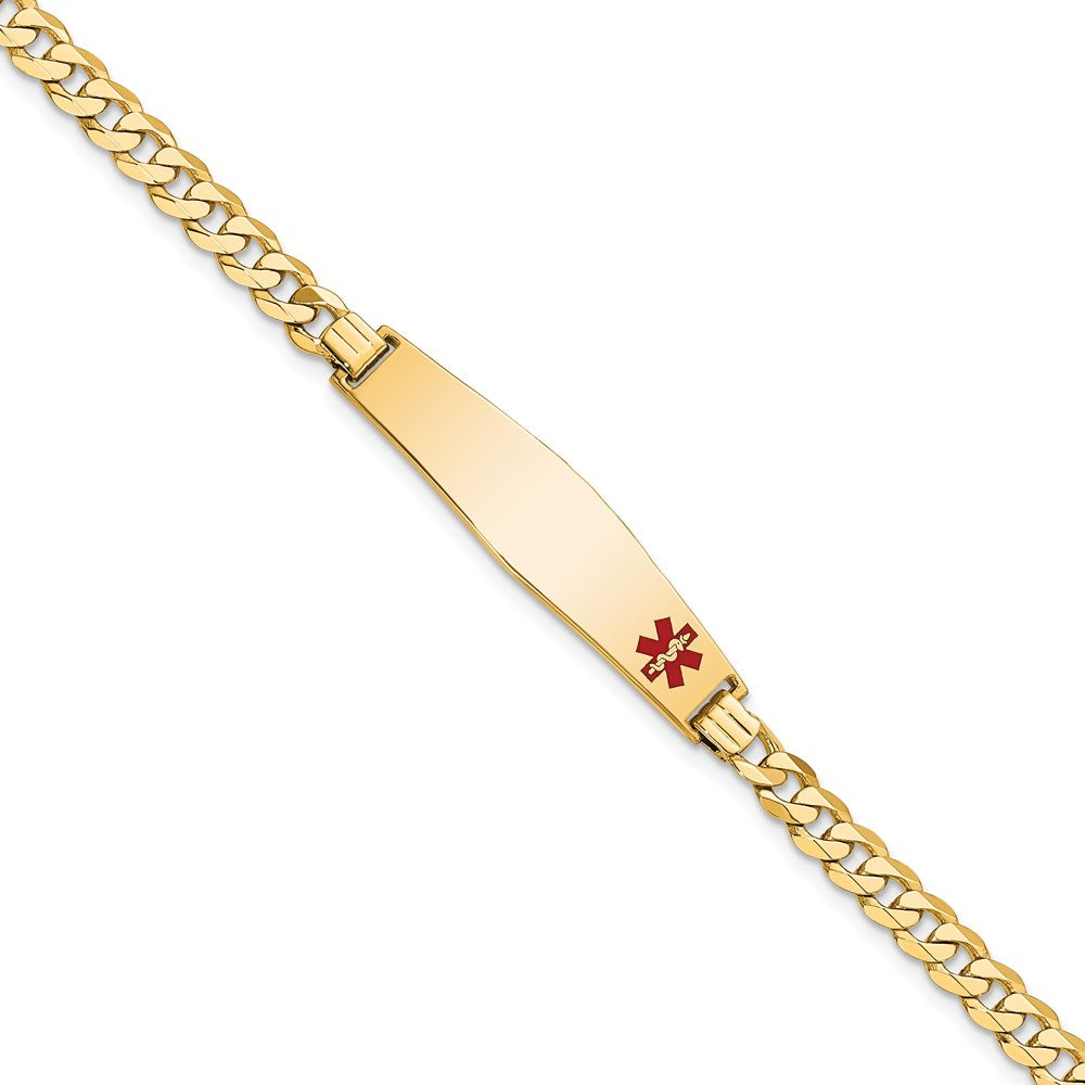 14K Yellow Gold Medical Solid Chain/Solid Plate Soft Diamond Shape 33X8mm Off Center Red Enamel Flat Curb Link 7 Inch Id Bracelet