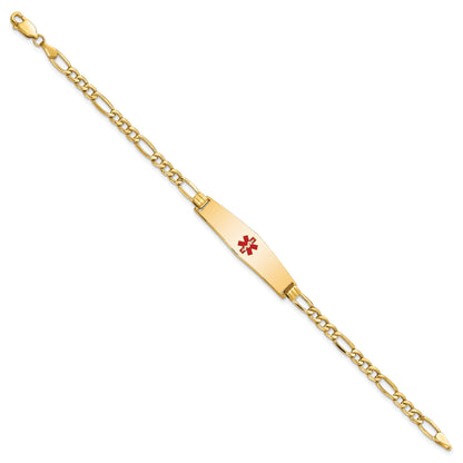 14K Yellow Gold Medical Semi Solid Chain/Solid Plate Soft Diamond Shape 33X8mm Centered Red Enamel Figaro Link 8 Inch Id Bracelet