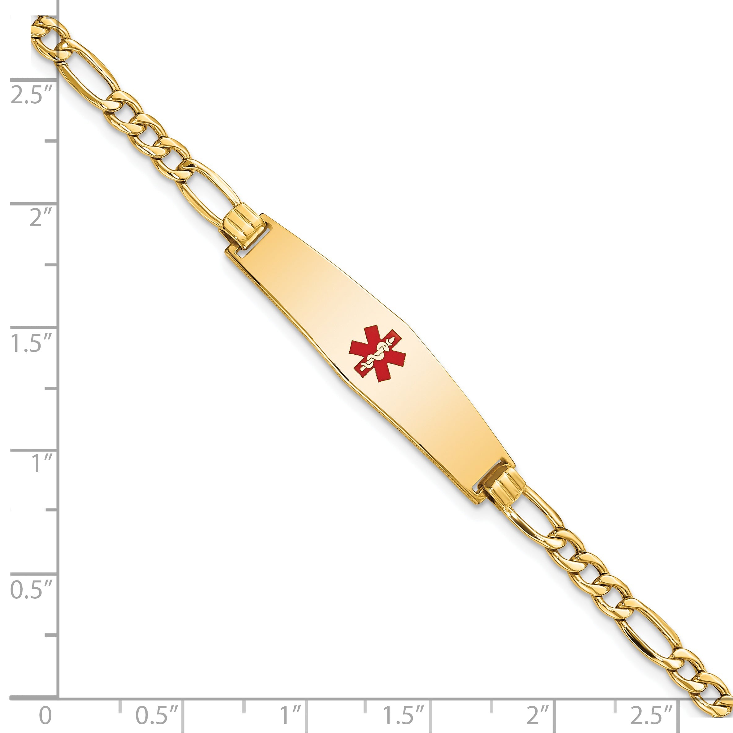 14K Yellow Gold Medical Semi Solid Chain/Solid Plate Soft Diamond Shape 33X8mm Centered Red Enamel Figaro Link 8 Inch Id Bracelet
