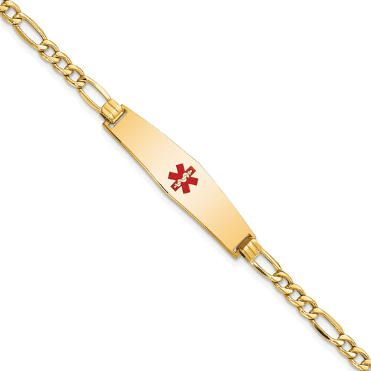 14K Yellow Gold Medical Semi Solid Chain/Solid Plate Soft Diamond Shape 33X8mm Centered Red Enamel Figaro Link 8 Inch Id Bracelet