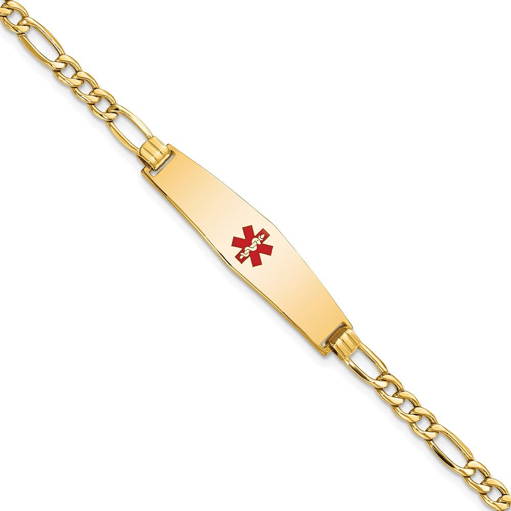 14K Yellow Gold Medical Semi Solid Chain/Solid Plate Soft Diamond Shape 33X8mm Centered Red Enamel Figaro Link 7 Inch Id Bracelet
