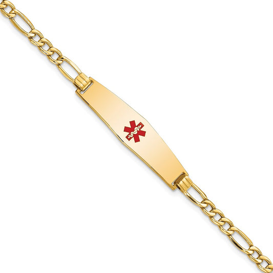 14K Yellow Gold Medical Semi Solid Chain/Solid Plate Soft Diamond Shape 33X8mm Centered Red Enamel Figaro Link 7 Inch Id Bracelet