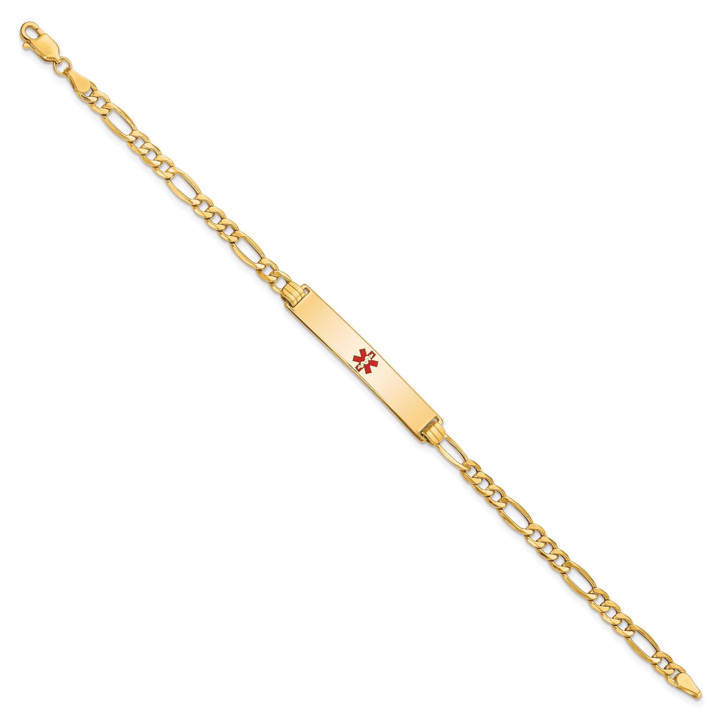 14K Yellow Gold Medical Semi Solid Chain/Solid Plate 34X6mm Centered Red Enamel Figaro Link 8 Inch Id Bracelet