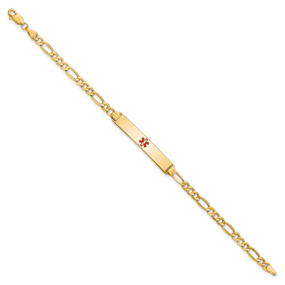 14K Yellow Gold Medical Semi Solid Chain/Solid Plate 34X6mm Centered Red Enamel Figaro Link 8 Inch Id Bracelet