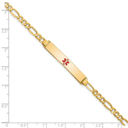 14K Yellow Gold Medical Semi Solid Chain/Solid Plate 34X6mm Centered Red Enamel Figaro Link 8 Inch Id Bracelet