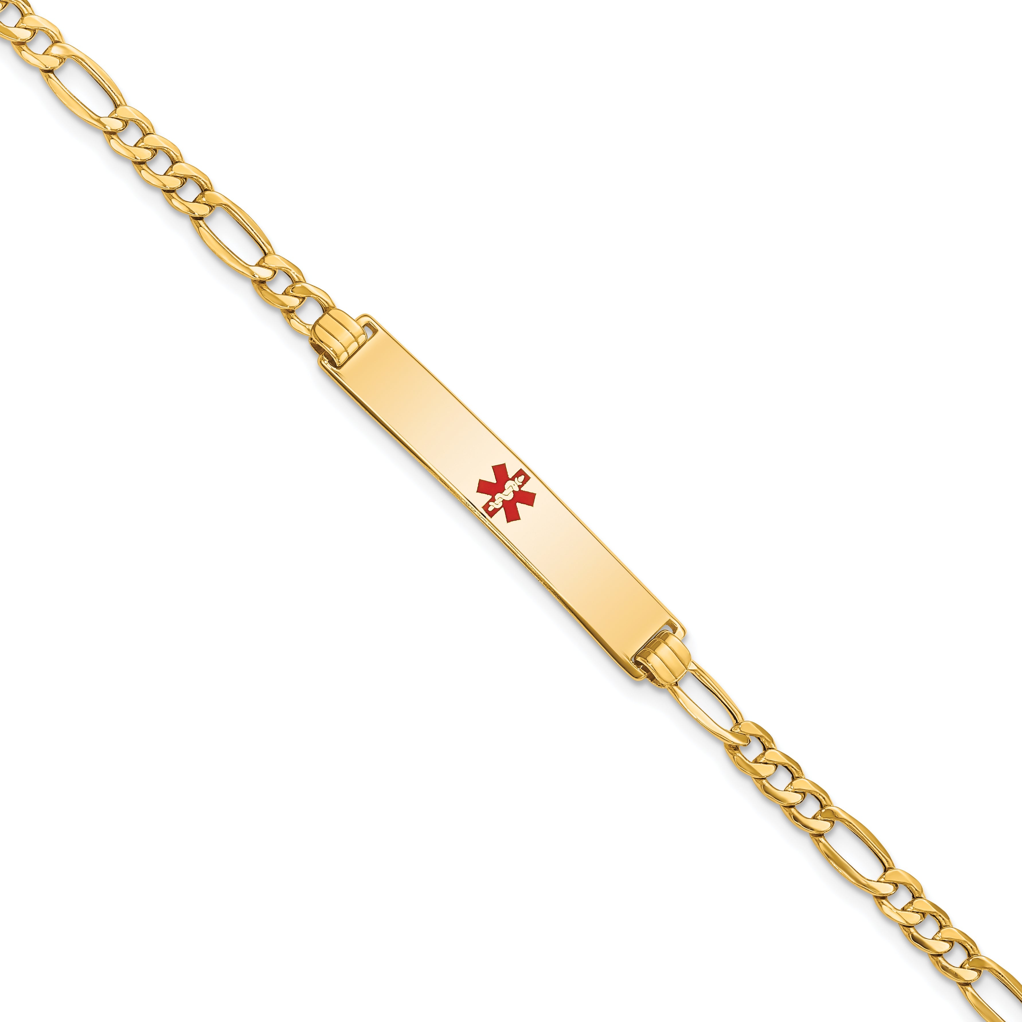 14K Yellow Gold Medical Semi Solid Chain/Solid Plate 34X6mm Centered Red Enamel Figaro Link 8 Inch Id Bracelet