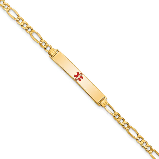 14K Yellow Gold Medical Semi Solid Chain/Solid Plate 34X6mm Centered Red Enamel Figaro Link 8 Inch Id Bracelet