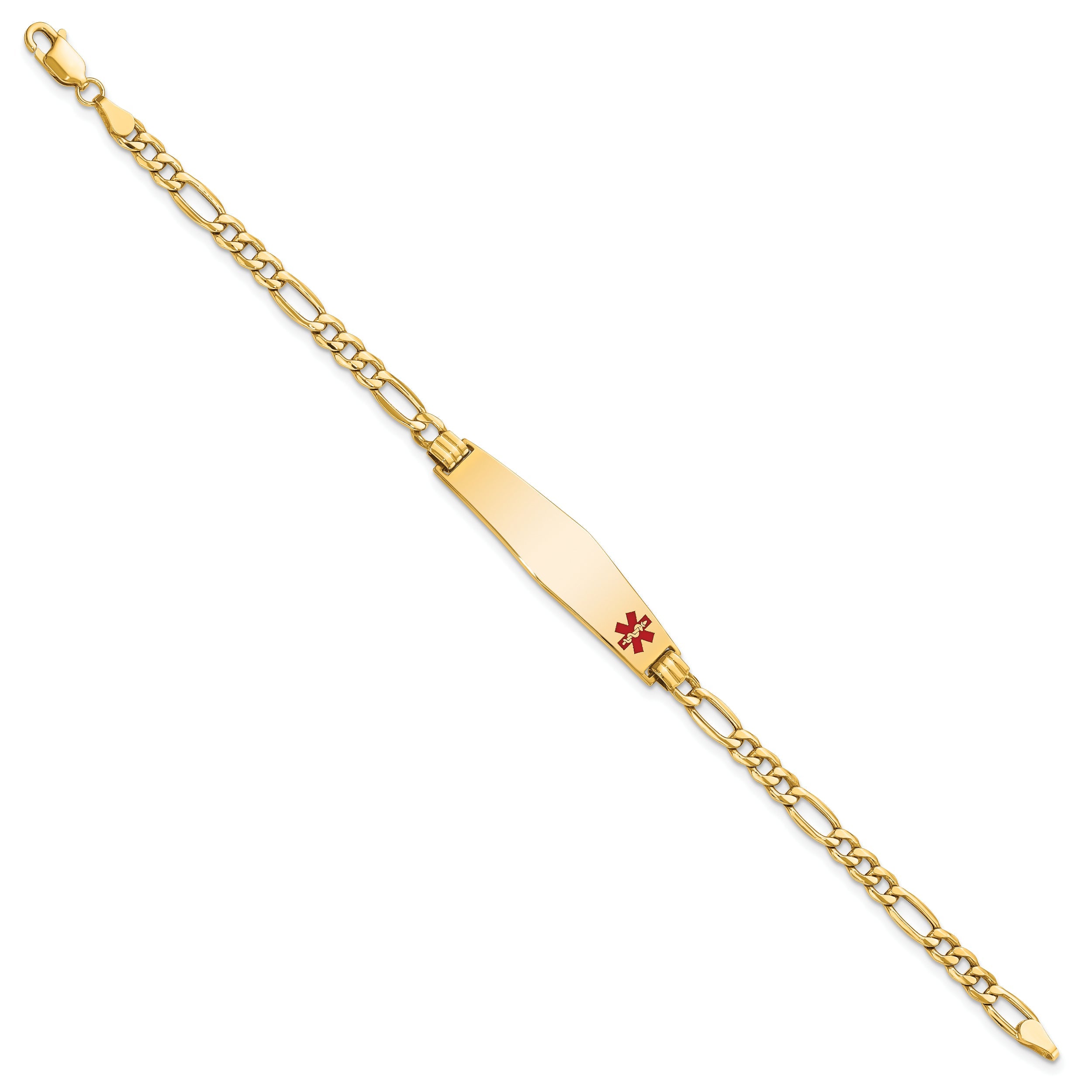 14K Yellow Gold Medical Semi Solid Chain/Solid Plate Soft Diamond Shape 34X8mm Off Center Red Enamel Figaro Link 8 Inch Id Bracelet