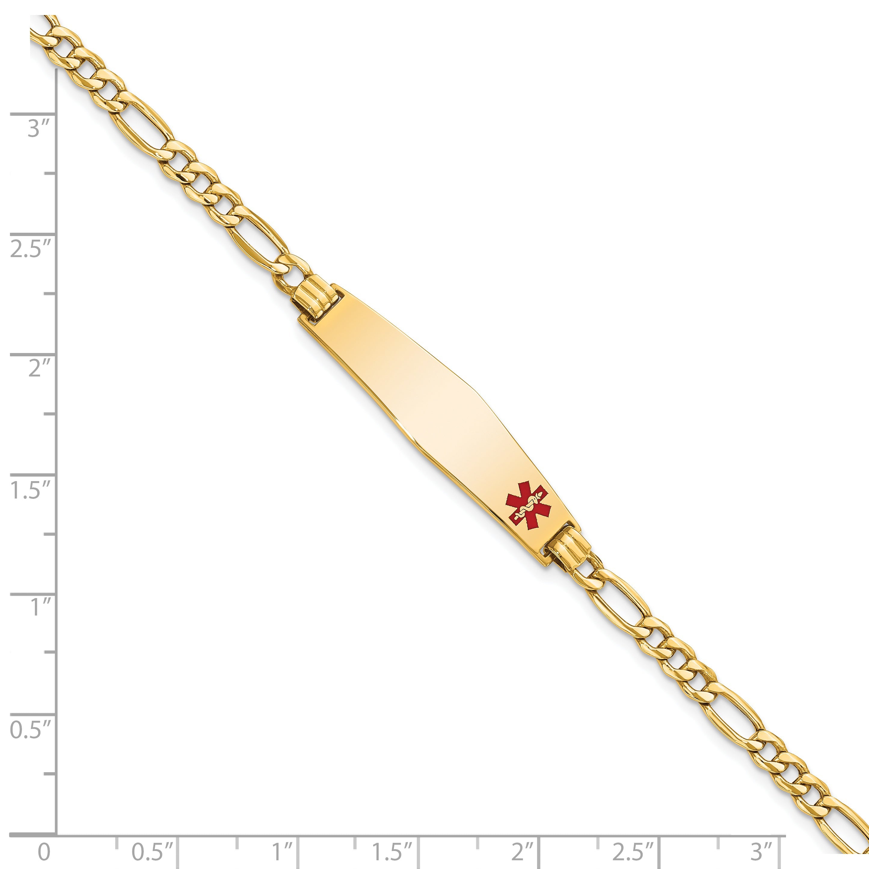 14K Yellow Gold Medical Semi Solid Chain/Solid Plate Soft Diamond Shape 34X8mm Off Center Red Enamel Figaro Link 7 Inch Id Bracelet