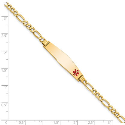 14K Yellow Gold Medical Semi Solid Chain/Solid Plate Soft Diamond Shape 34X8mm Off Center Red Enamel Figaro Link 7 Inch Id Bracelet