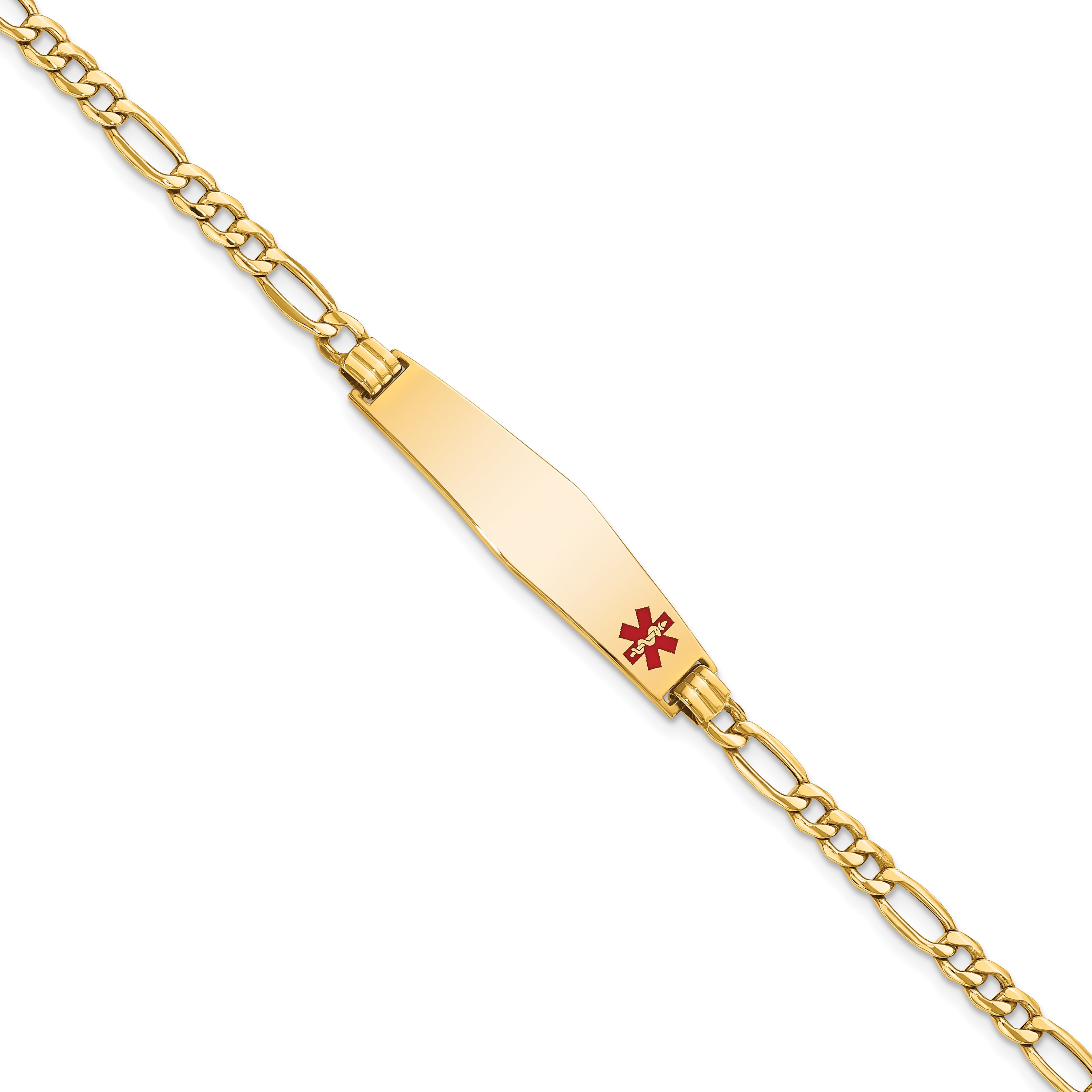 14K Yellow Gold Medical Semi Solid Chain/Solid Plate Soft Diamond Shape 34X8mm Off Center Red Enamel Figaro Link 8 Inch Id Bracelet