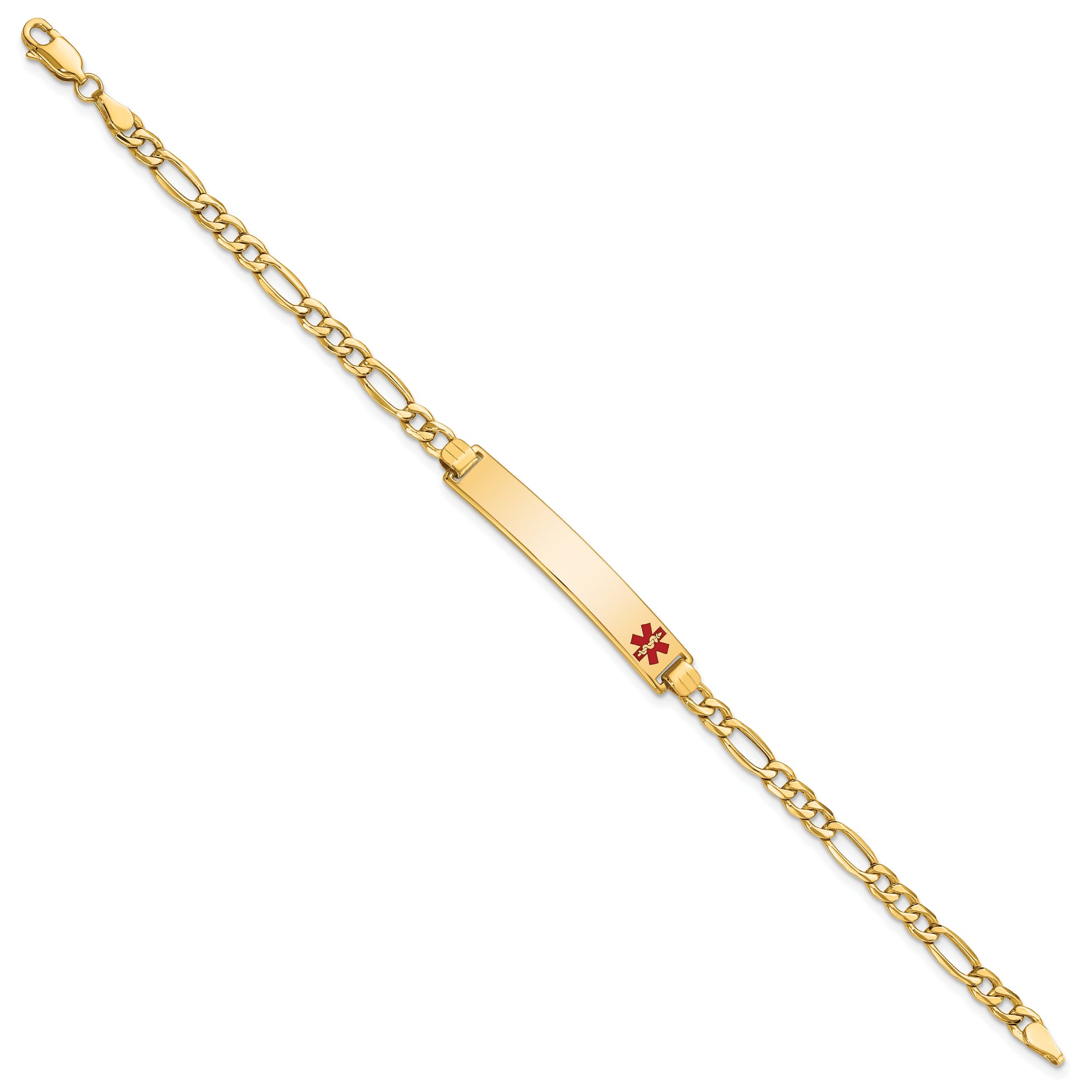 14K Yellow Gold Medical Semi Solid Chain/Solid Plate 35X6mm Off Center Red Enamel Figaro Link 8 Inch Id Bracelet