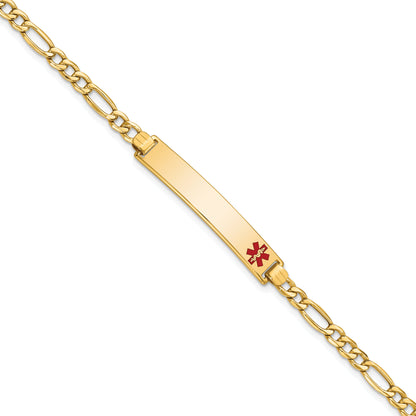 14K Yellow Gold Medical Semi Solid Chain/Solid Plate 35X6mm Off Center Red Enamel Figaro Link 8 Inch Id Bracelet