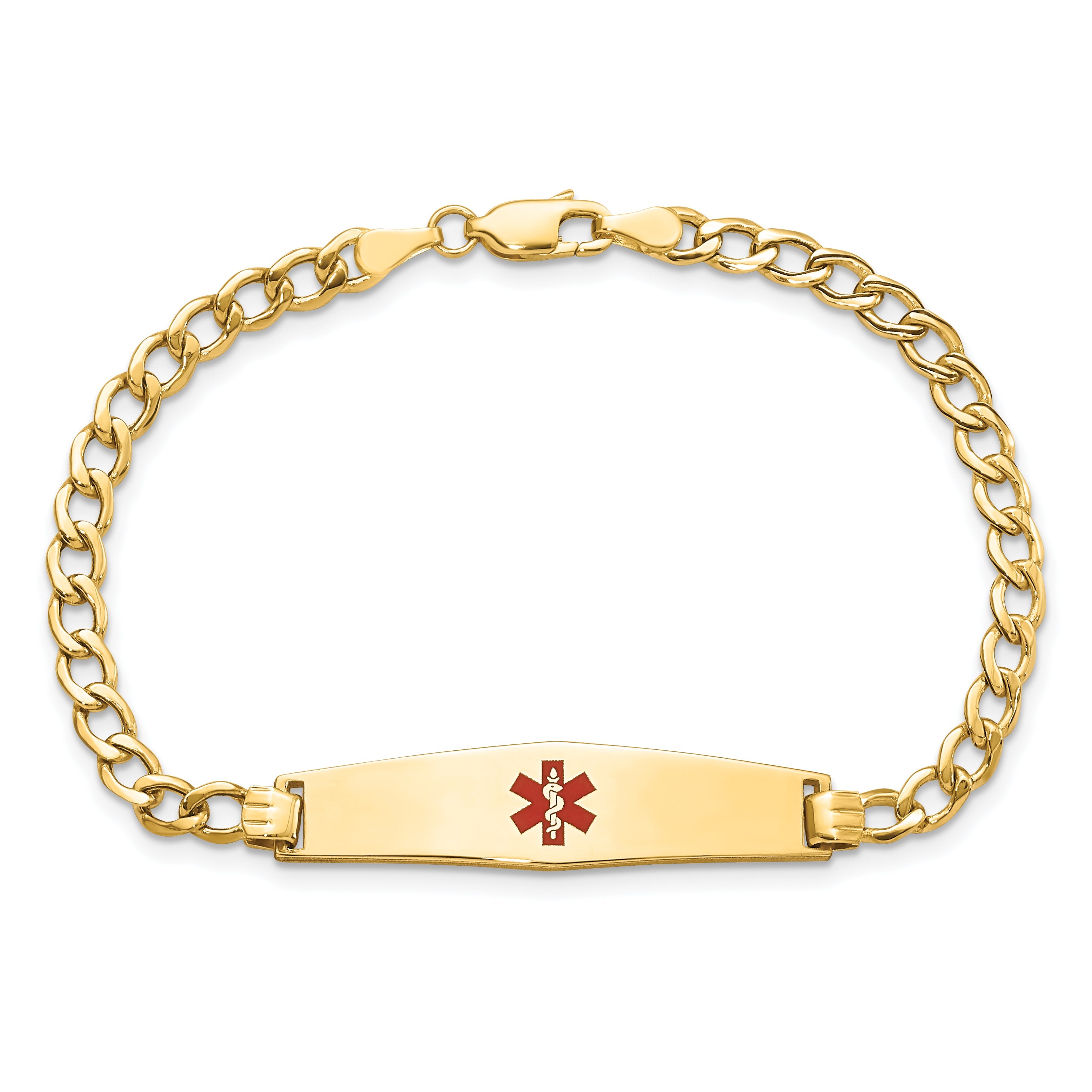 14K Yellow Gold Medical Semi Solid Chain/Solid Plate Soft Diamond Shape 33X8mm Centered Red Enamel Curb Link 7 Inch Id Bracelet
