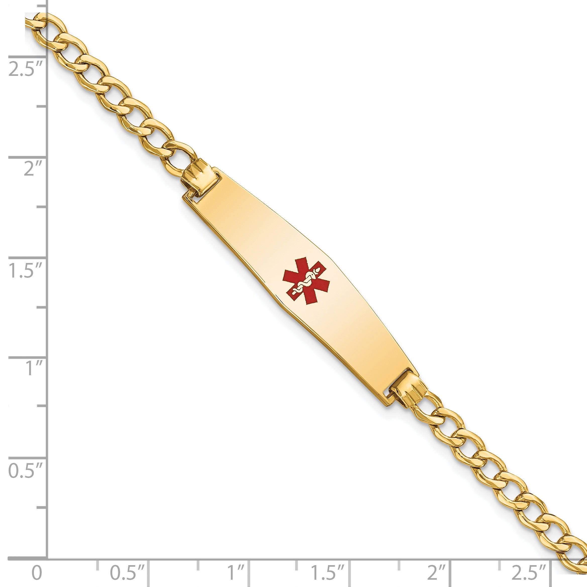 14K Yellow Gold Medical Semi Solid Chain/Solid Plate Soft Diamond Shape 33X8mm Centered Red Enamel Curb Link 7 Inch Id Bracelet