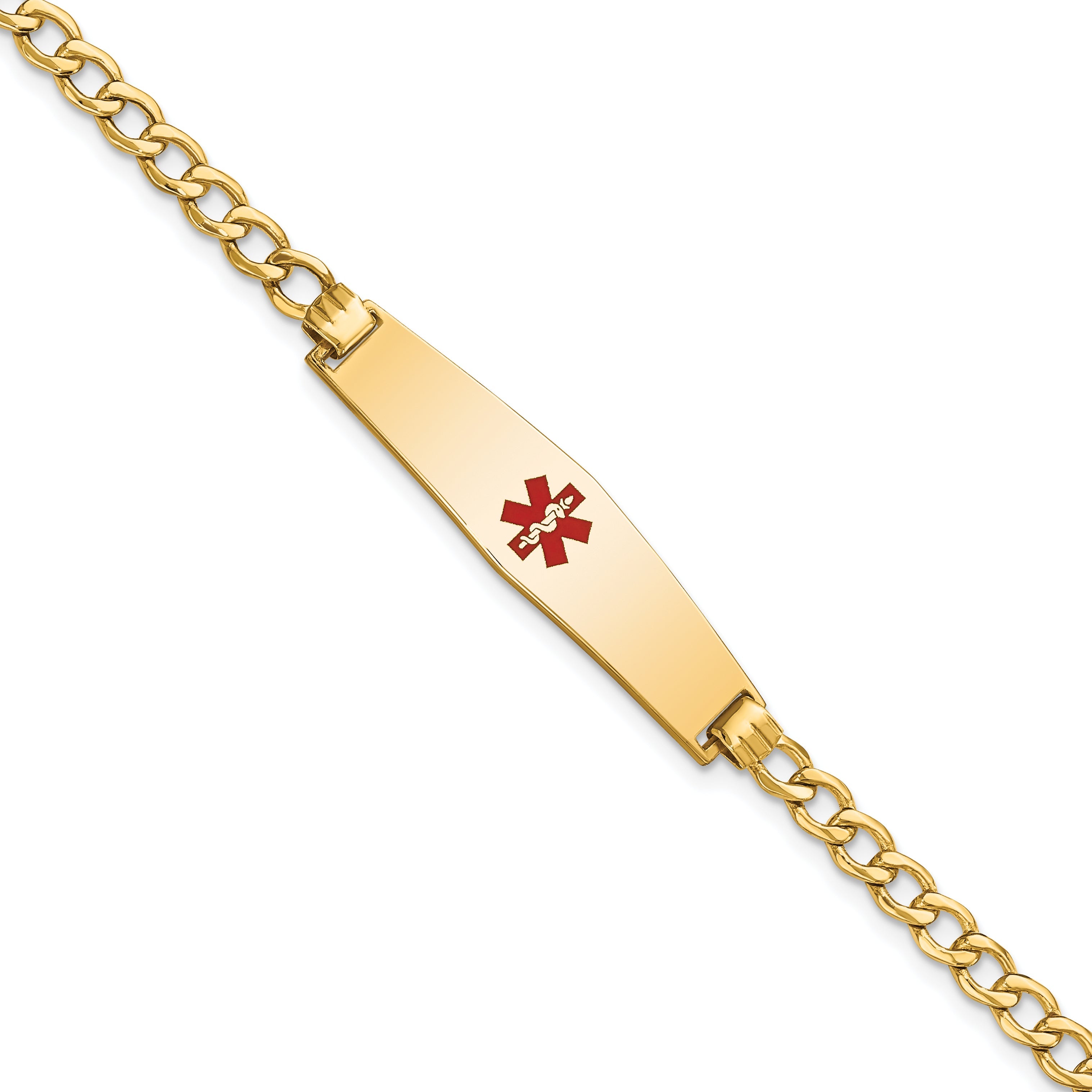 14K Yellow Gold Medical Semi Solid Chain/Solid Plate Soft Diamond Shape 33X8mm Centered Red Enamel Curb Link 7 Inch Id Bracelet